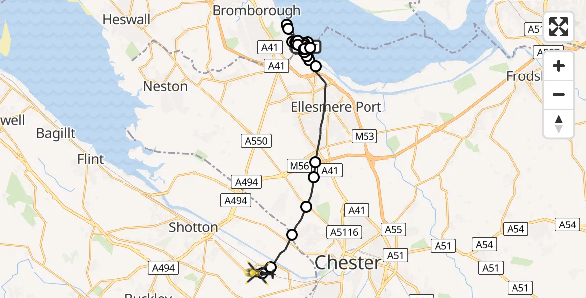 Flight path map showing Police Helicopter route from Eastham Village to Hawarden Airport