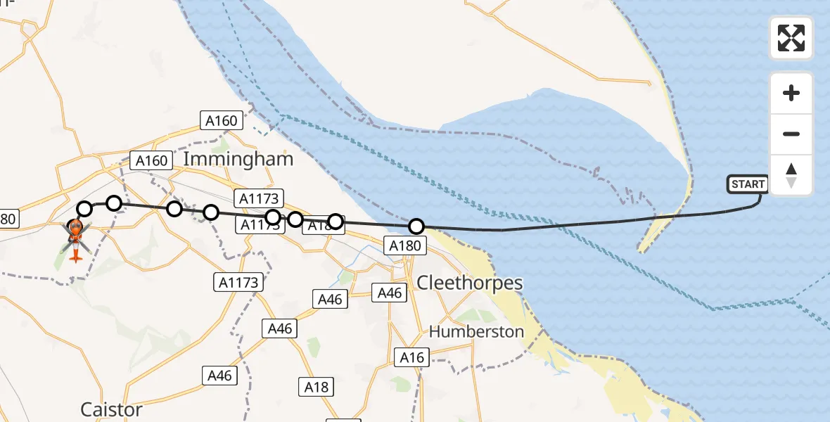 Flight path map showing Coastguard Helicopter route from North Sea to Humberside Airport