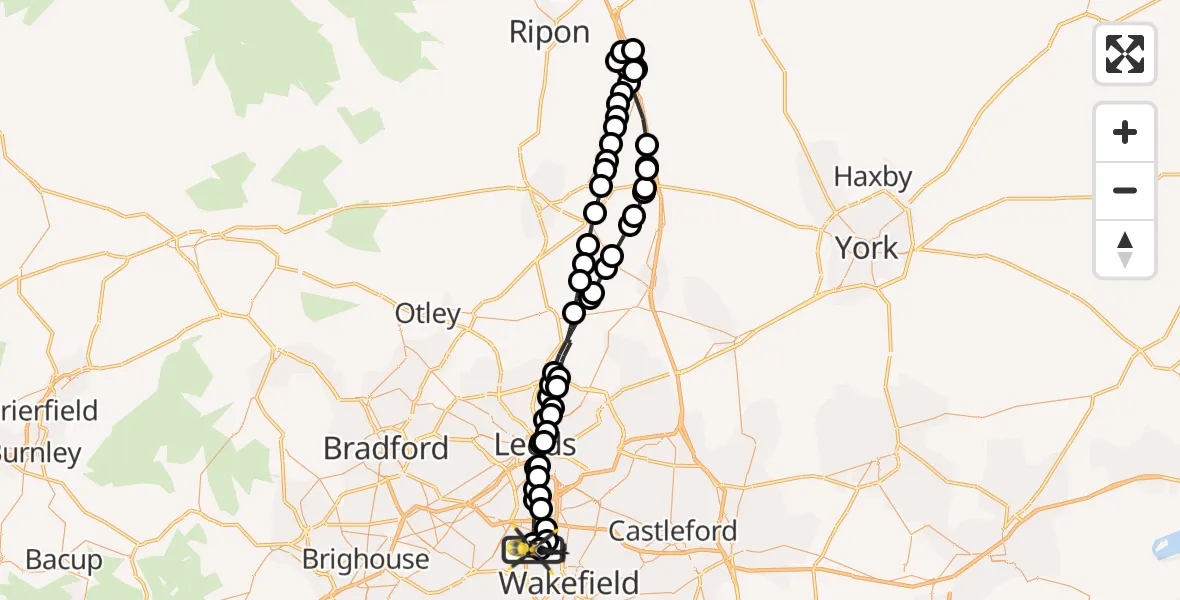 Flight path map showing Police Helicopter route from East Ardsley to Wrenthorpe
