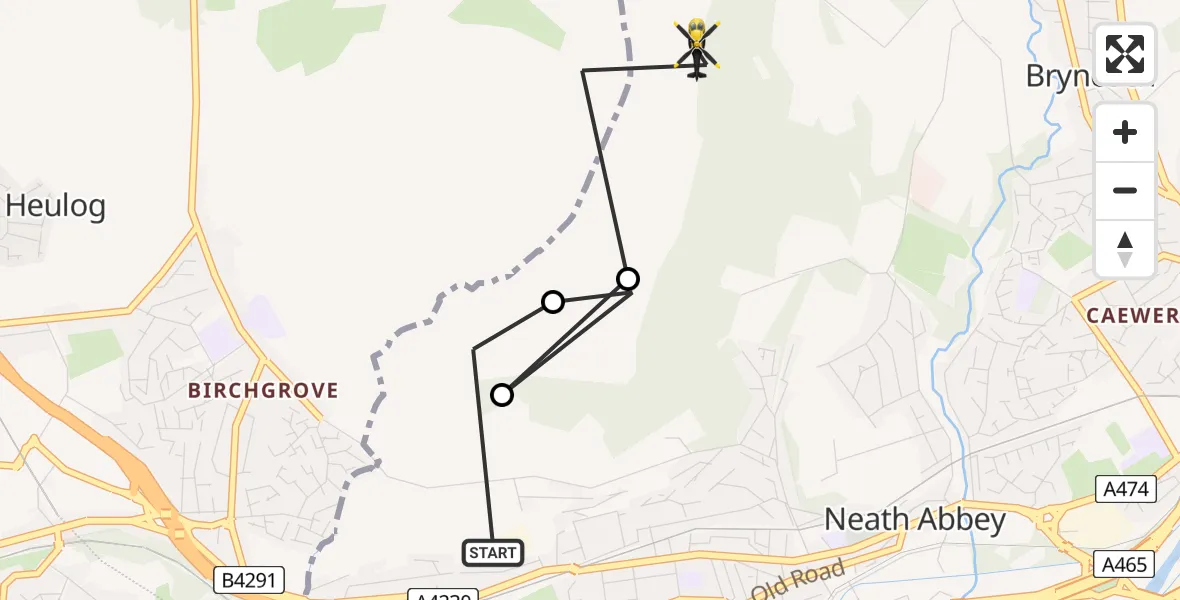 Flight path map showing Police Helicopter route from Skewen to Neath Abbey
