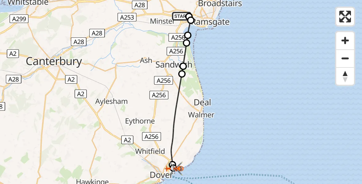 Flight path map showing Coastguard Helicopter route from Manston Airport to Langdon Battery Heliport