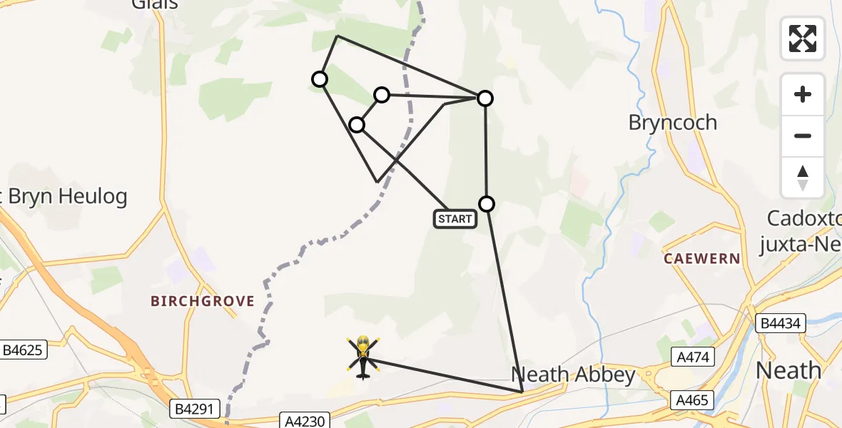 Flight path map showing Police Helicopter route from Neath Abbey to Skewen