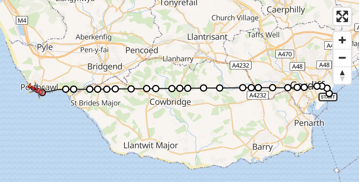 Flight path map showing Air Ambulance Helicopter route from Cardiff Heliport to Porthcawl