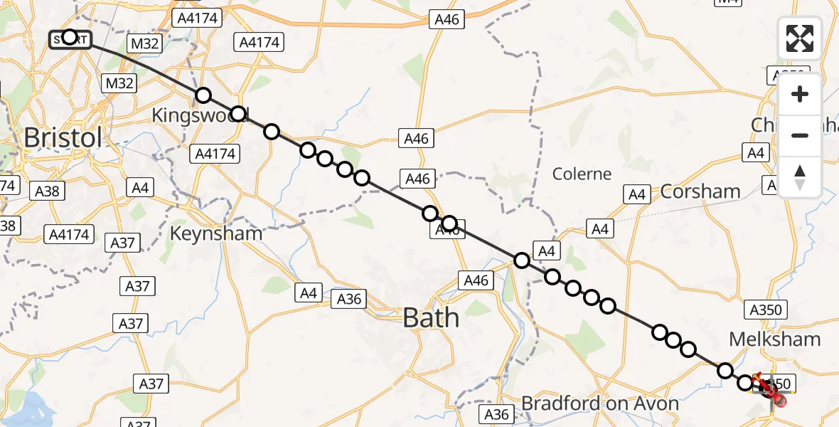 Flight path map showing Air Ambulance Helicopter route from Southmead Hospital to Wiltshire Air Ambulance