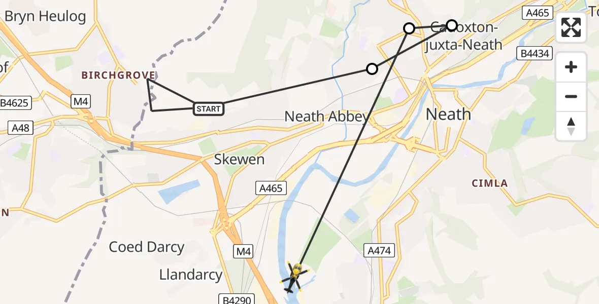 Flight path map showing Police Helicopter route from Skewen to Briton Ferry
