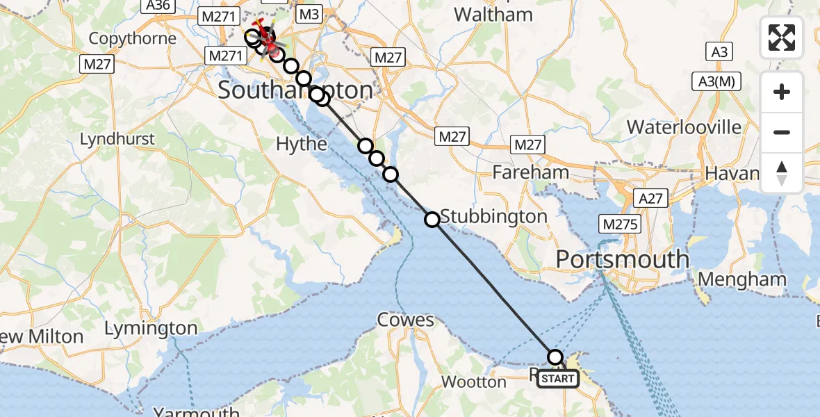 Flight path map showing Air Ambulance Helicopter route from Ryde to University Hospital Southampton