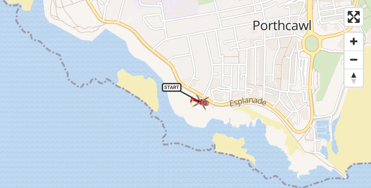 Flight path map showing Air Ambulance Helicopter route from Porthcawl to Porthcawl