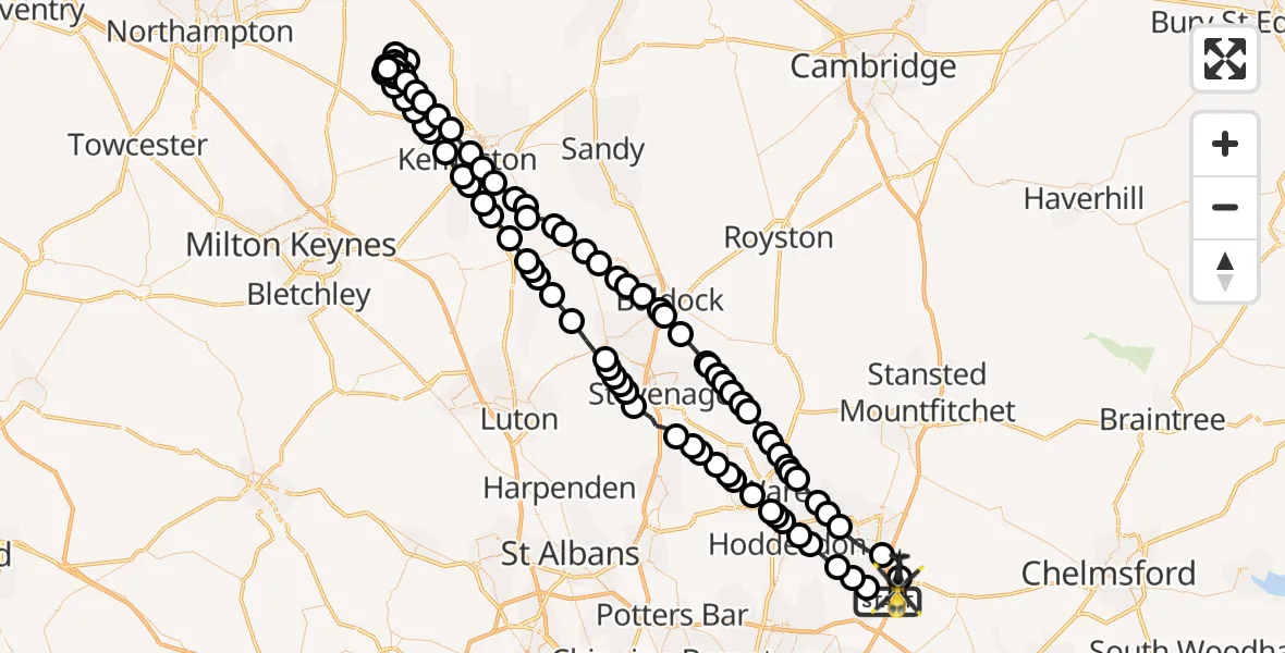 Flight path map showing Police Helicopter route from North Weald Bassett to North Weald Airfield