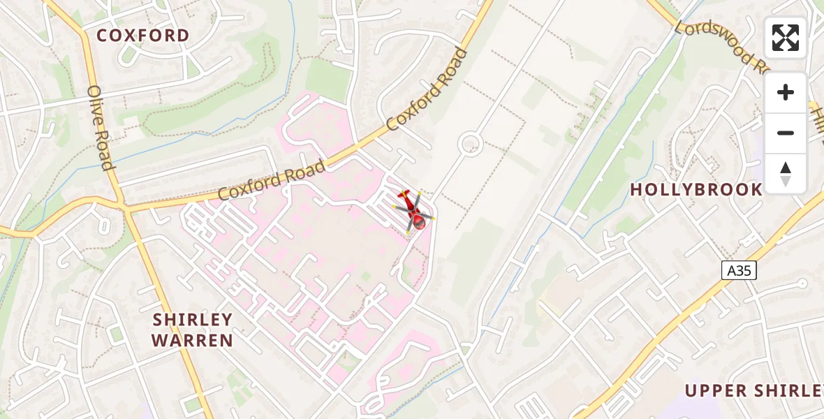 Flight path map showing Air Ambulance Helicopter route from University Hospital Southampton to University Hospital Southampton