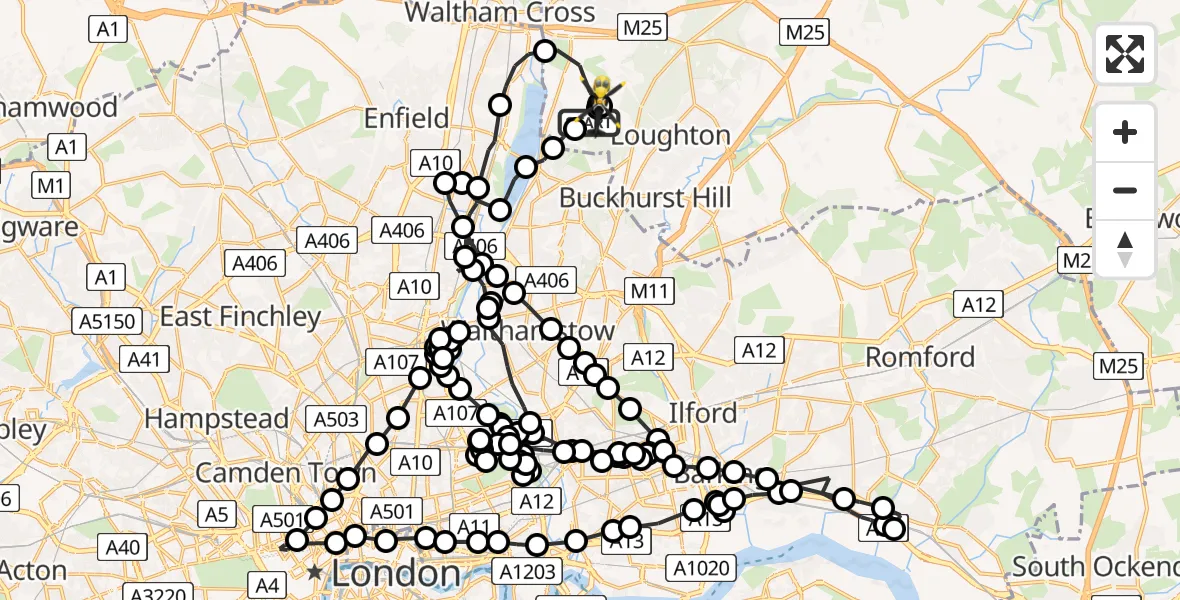 Flight path map showing Police Helicopter route from Metropolitan Police Air Support Unit Lippitts Hill to Sewardstonebury
