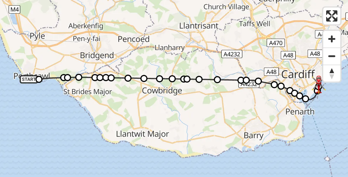 Flight path map showing Air Ambulance Helicopter route from Porthcawl to Cardiff Heliport