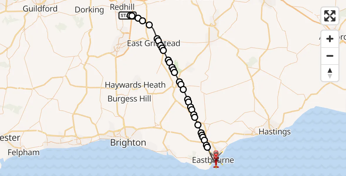 Flight path map showing Air Ambulance Helicopter route from Redhill Aerodrome to Eastbourne