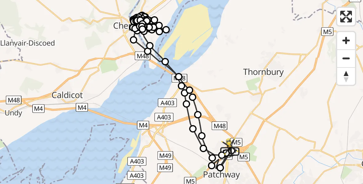 Flight path map showing Police Helicopter route from Almondsbury Helicopter Base to Almondsbury Helicopter Base