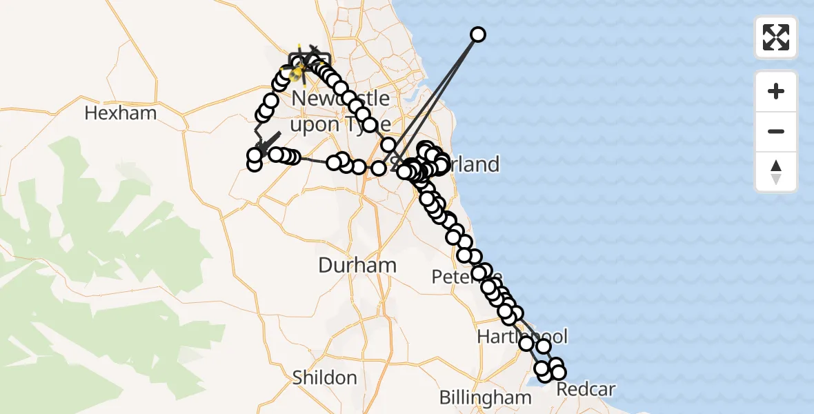 Flight path map showing Police Helicopter route from Newcastle International Airport to Newcastle International Airport