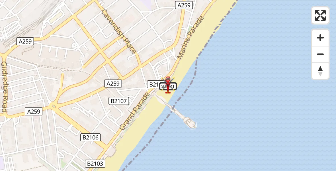 Flight path map showing Air Ambulance Helicopter route from Eastbourne to Eastbourne