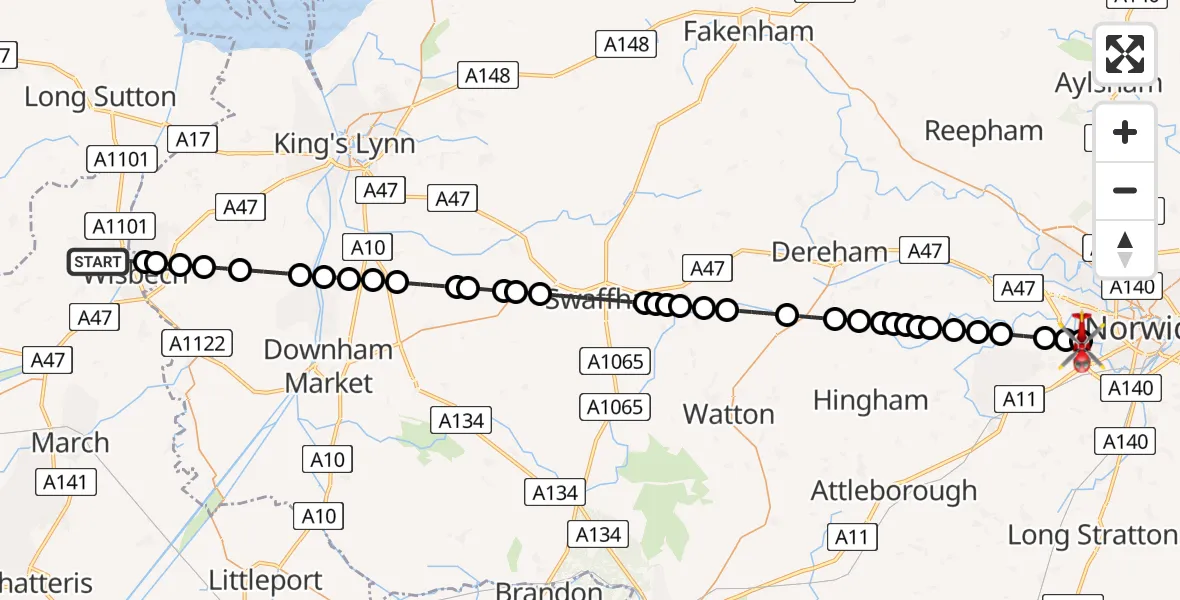 Routekaart van de vlucht: Air Ambulance Helicopter to Norfolk & Norwich Hospital