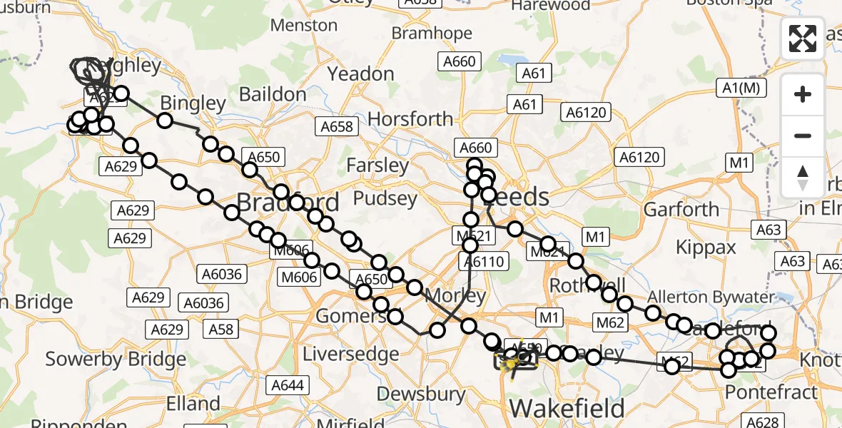 Flight path map showing Police Helicopter route from East Ardsley to Wrenthorpe
