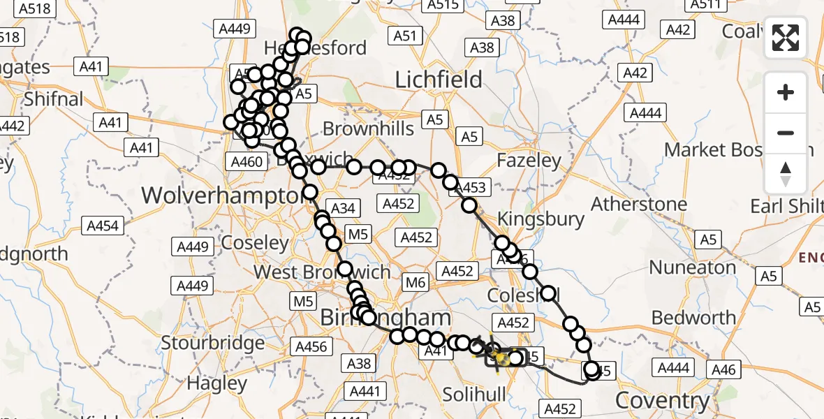 Flight path map showing Police Helicopter route from Birmingham Airport to Solihull