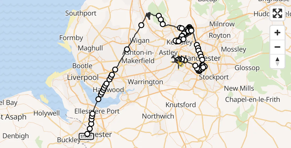 Flight path map showing Police Helicopter route from Hawarden Airport to Manchester Barton Aerodrome