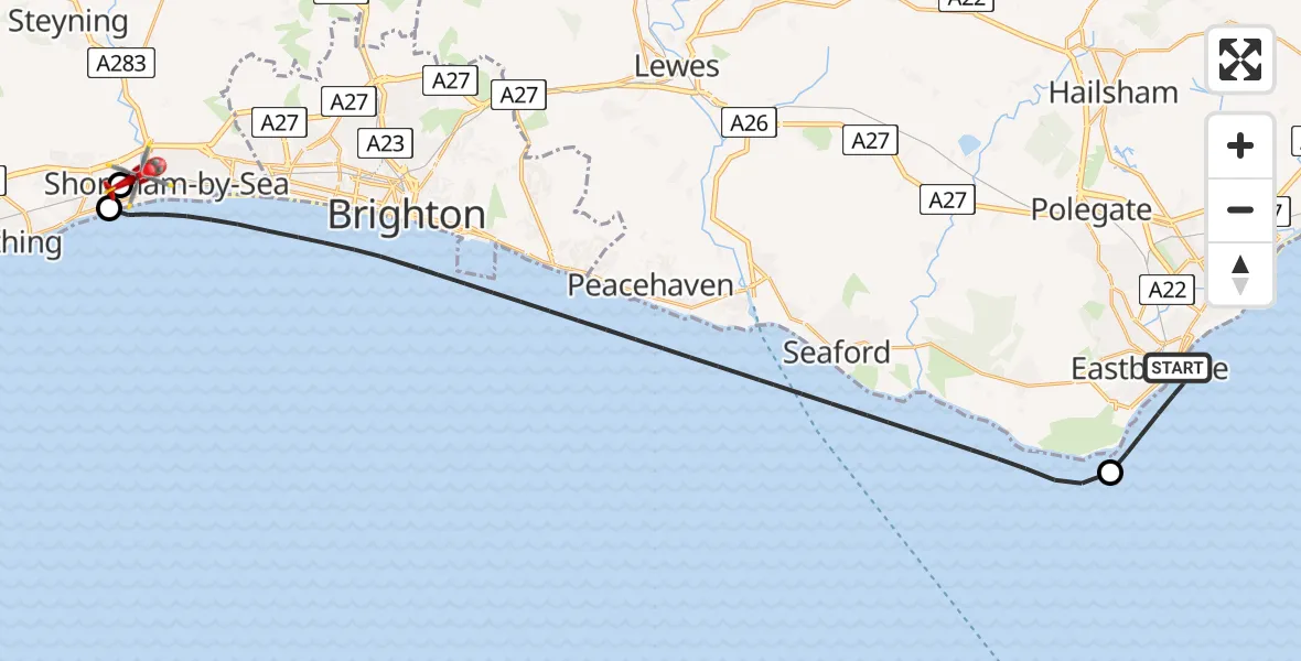 Flight path map showing Air Ambulance Helicopter route from Eastbourne to Brighton City Airport