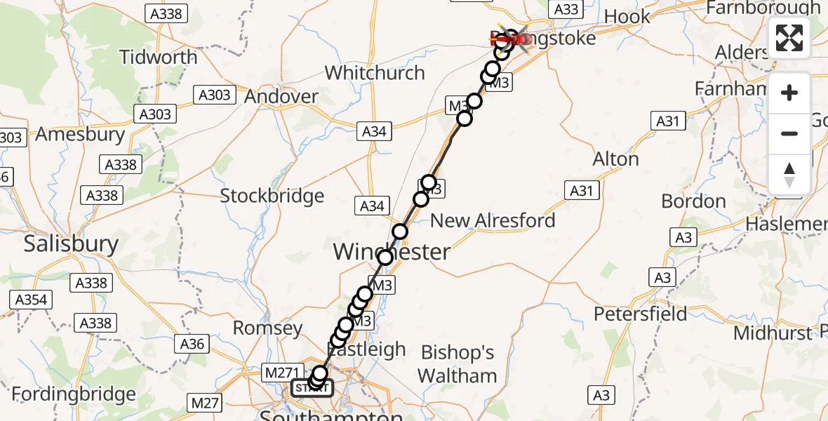 Flight path map showing Air Ambulance Helicopter route from University Hospital Southampton to Basingstoke