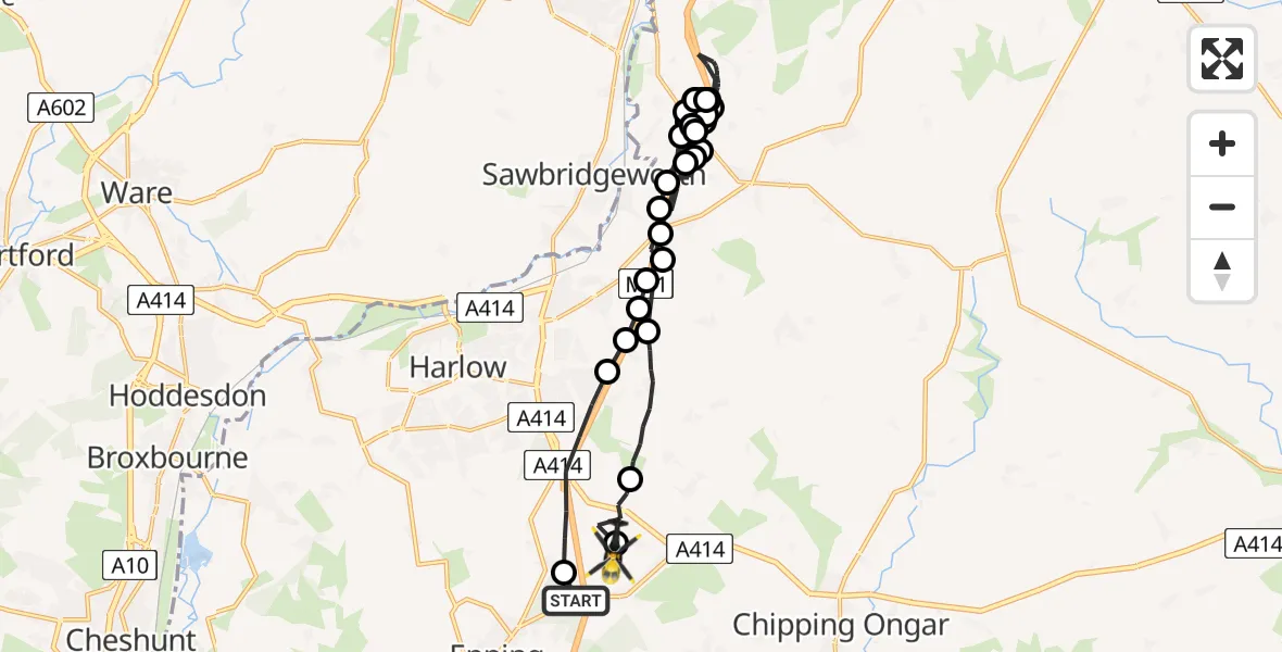 Flight path map showing Police Helicopter route from North Weald Airfield to North Weald Airfield