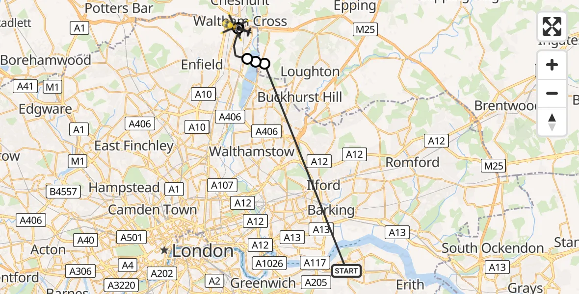 Flight path map showing Police Helicopter route from Plumstead to The Lea Valley Academy