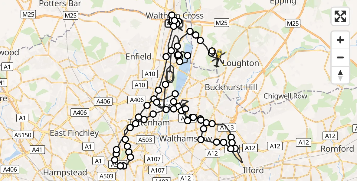 Flight path map showing Police Helicopter route from Enfield to Sewardstonebury