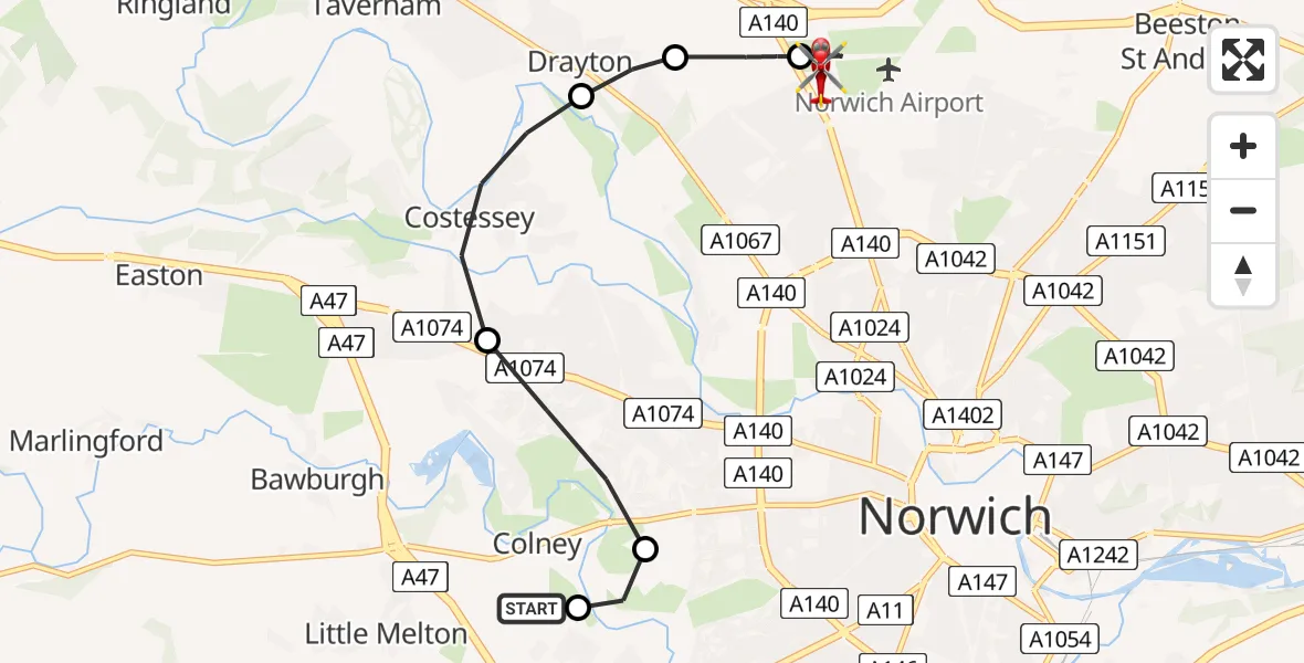 Flight path map showing Air Ambulance Helicopter route from Norfolk & Norwich Hospital to Norwich Airport