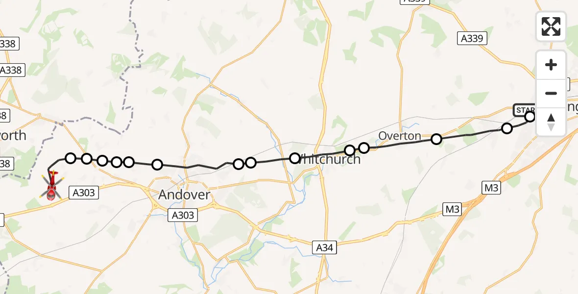 Flight path map showing Air Ambulance Helicopter route from Basingstoke to Kimpton