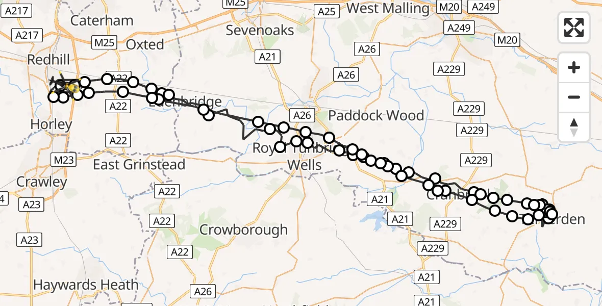 Flight path map showing Police Helicopter route from Redhill Aerodrome to Redhill Aerodrome