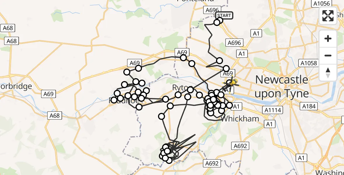 Flight path map showing Police Helicopter route from Newcastle International Airport to Denton Burn