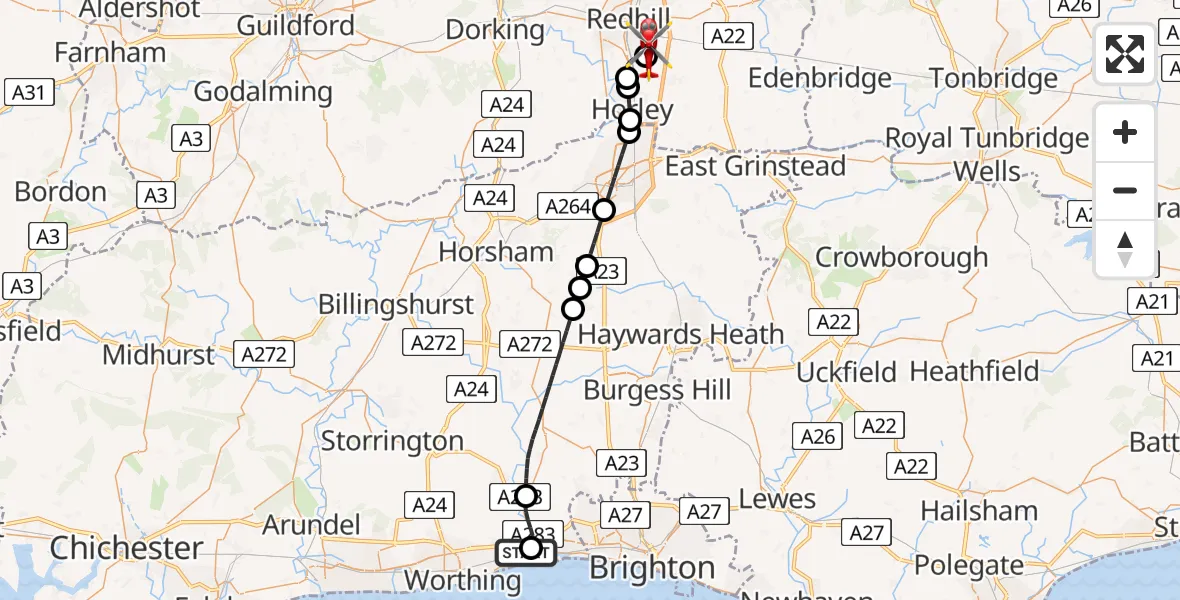 Flight path map showing Air Ambulance Helicopter route from Brighton City Airport to Redhill Aerodrome