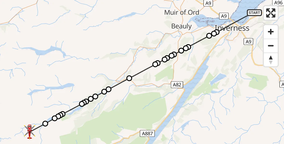Flight path map showing Air Ambulance Helicopter route from Inverness to Coire Odhar
