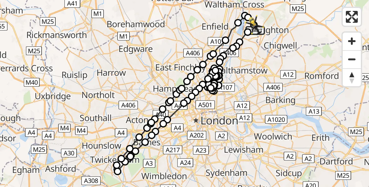 Flight path map showing Police Helicopter route from Sewardstonebury to Metropolitan Police Air Support Unit Lippitts Hill