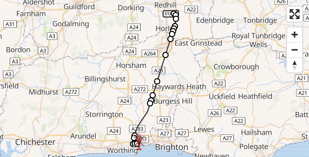 Flight path map showing Air Ambulance Helicopter route from Redhill Aerodrome to Brighton City Airport