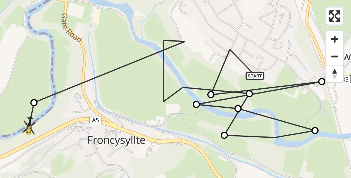 Flight path map showing Police Helicopter route from Cefn Mawr to Froncysyllte