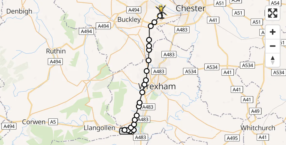 Flight path map showing Police Helicopter route from Froncysyllte to Sandycroft