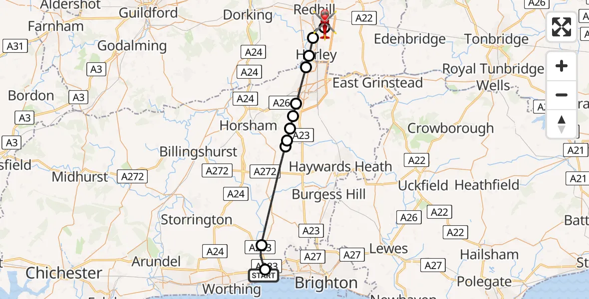 Flight path map showing Air Ambulance Helicopter route from Brighton City Airport to Redhill Aerodrome