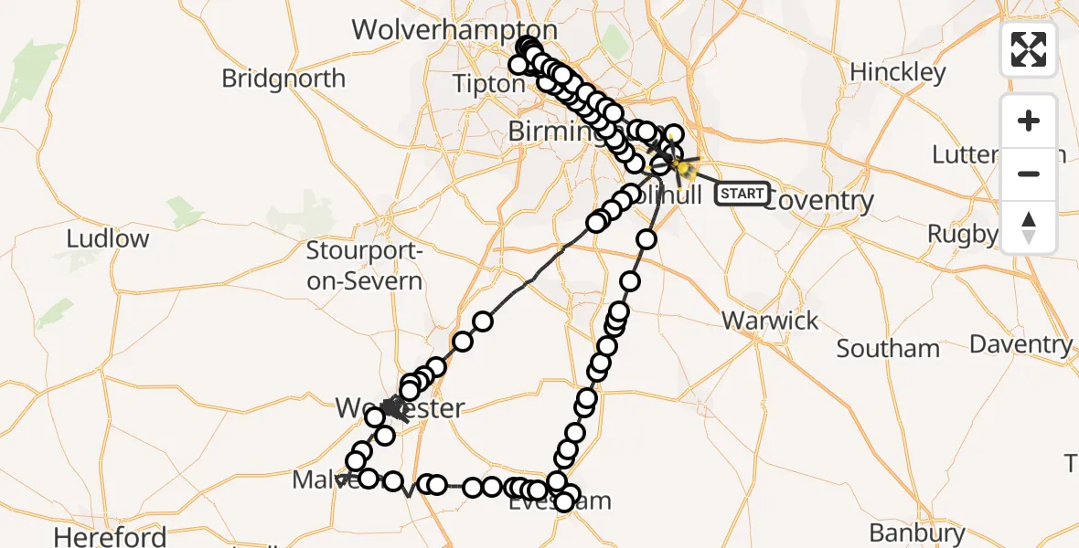 Flight path map showing Police Helicopter route from Solihull to Solihull