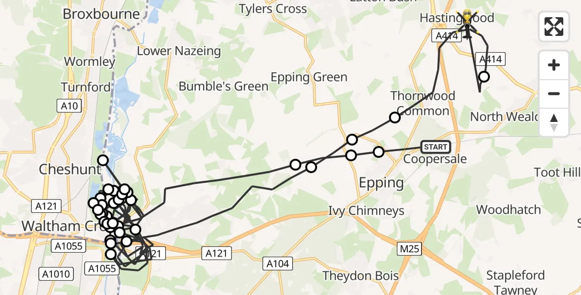 Flight path map showing Police Helicopter route from North Weald Bassett to North Weald Bassett