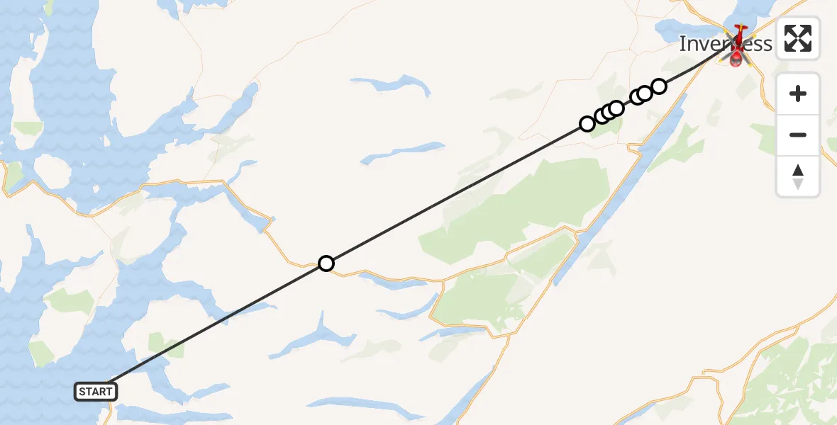 Flight path map showing Air Ambulance Helicopter route from Inner Seas to Inverness