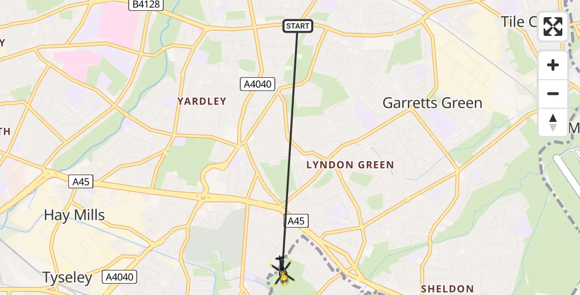 Flight path map showing Police Helicopter route from Garretts Green to Yardley