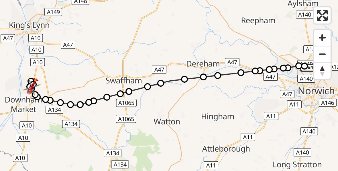 Flight path map showing Air Ambulance Helicopter route from Norwich Airport to Tottenhill