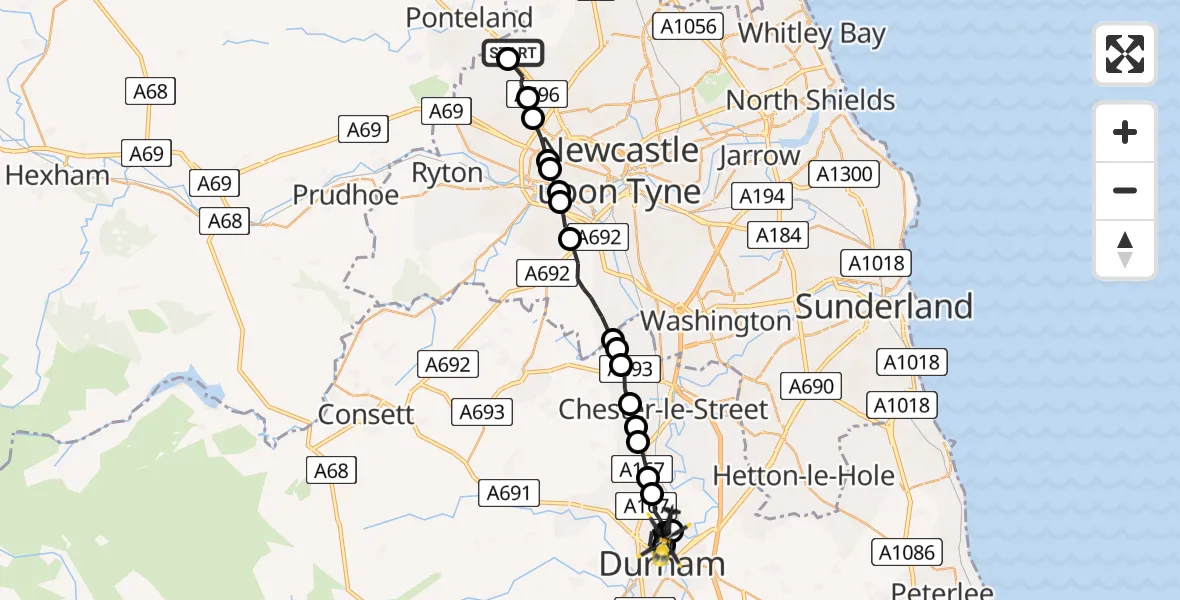 Flight path map showing Police Helicopter route from Newcastle International Airport to Pity Me