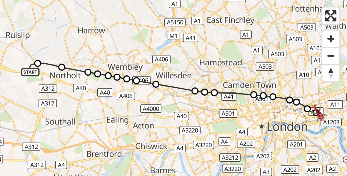 Flight path map showing Air Ambulance Helicopter route from RAF Northolt to Royal London Hospital