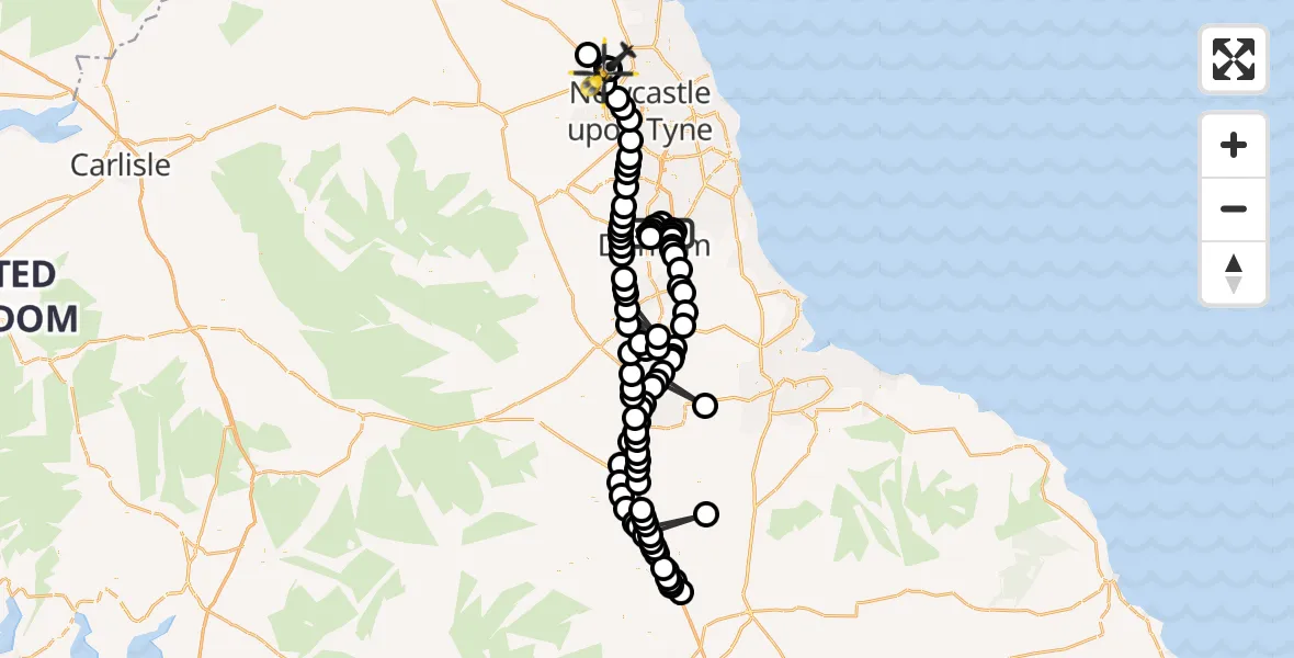 Flight path map showing Police Helicopter route from Durham to Newcastle International Airport