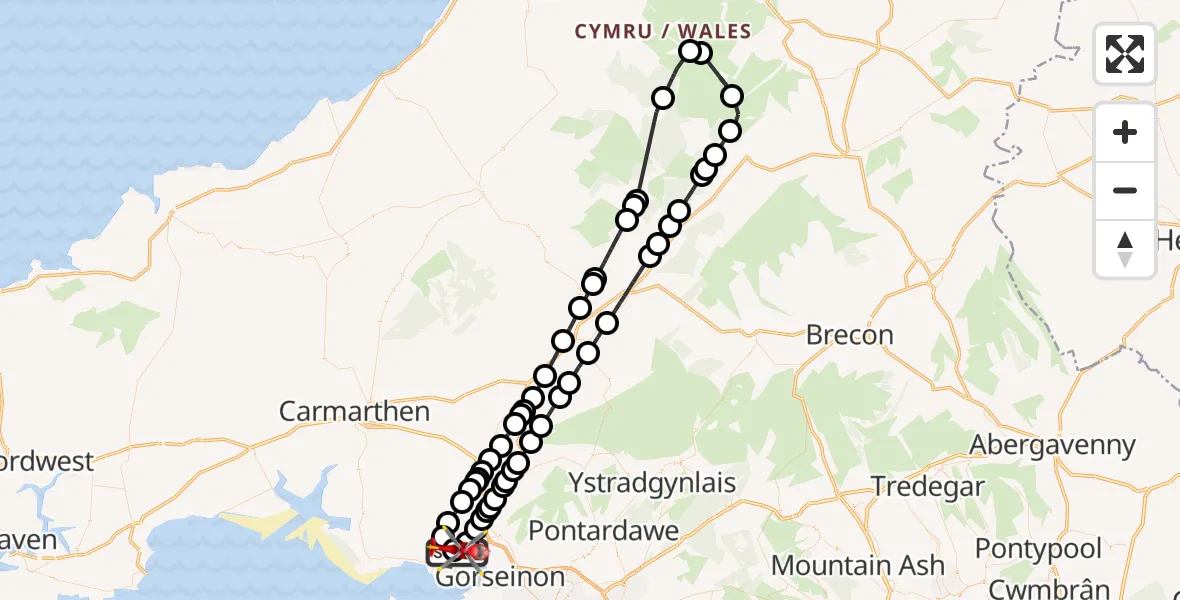 Flight path map showing Air Ambulance Helicopter route from Dafen to Dafen