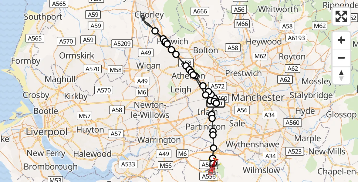 Flight path map showing Air Ambulance Helicopter route from Manchester Barton Aerodrome to Mere