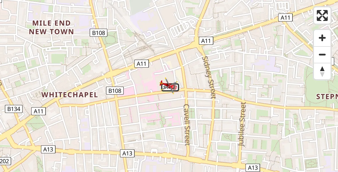 Flight path map showing Air Ambulance Helicopter route from Royal London Hospital to Royal London Hospital